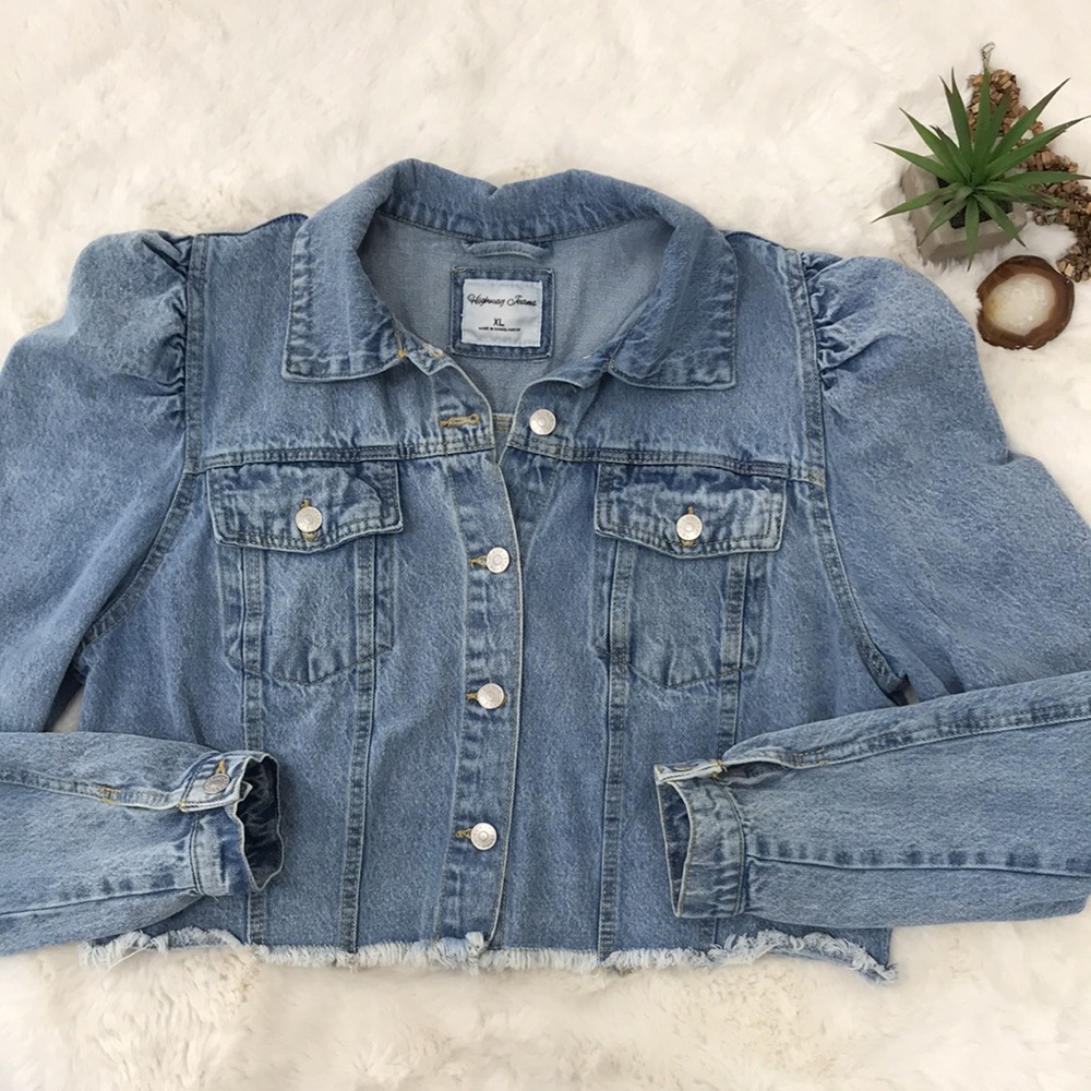 Highway Jeans Rare Unique Gathered Puff Shoulder Raw Fringe Hem Crop Jean Jacket